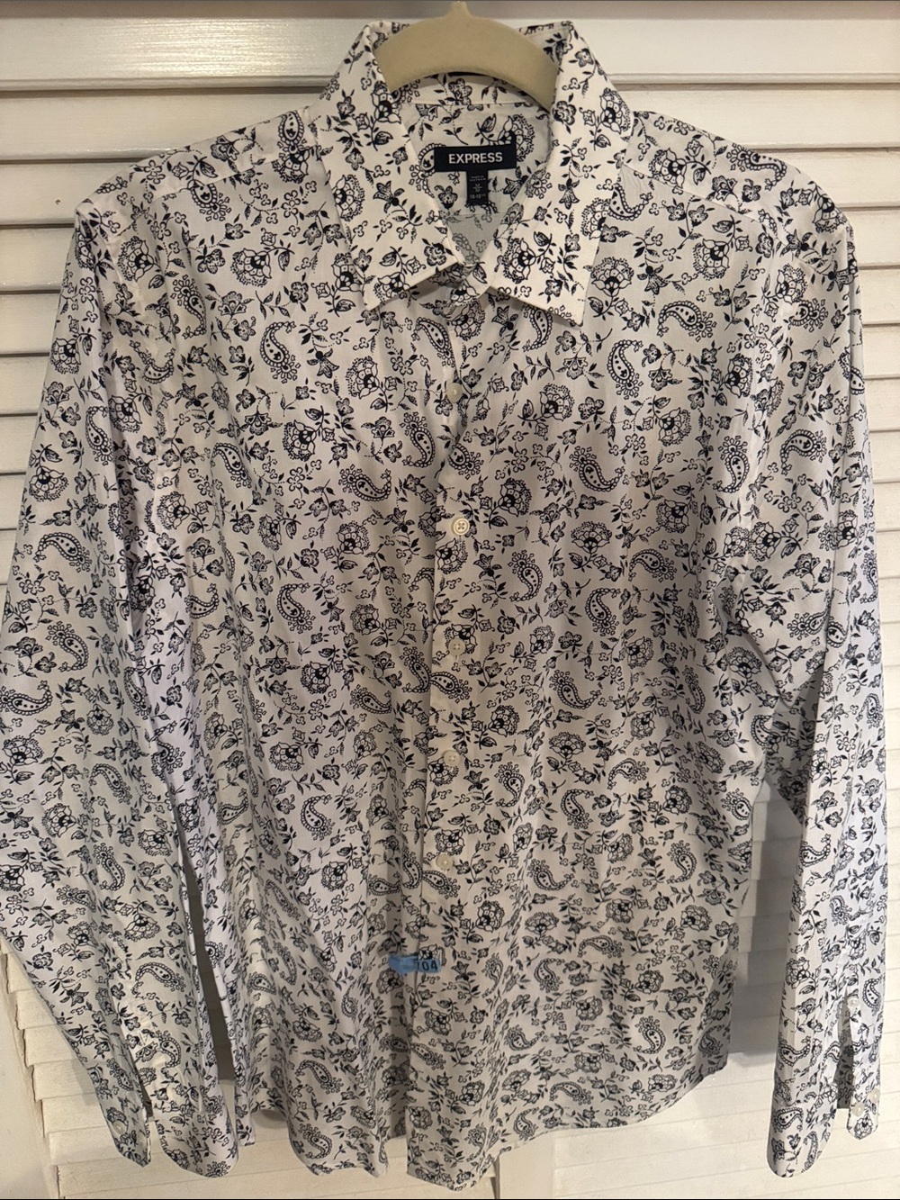 Express Men’s White Button-Down Shirt with Navy Paisley Print